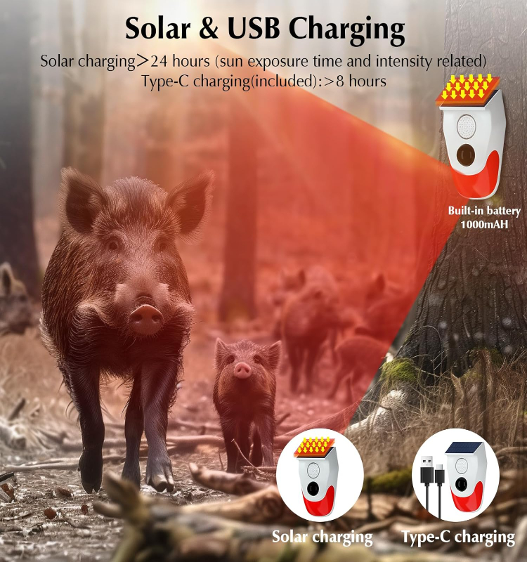 Solar Motion Sensor Alarm Outdoor Infrared Sensor Built-in 8 Replaceable Voice with Flashing Hazard Lights Wildlife Alarm System