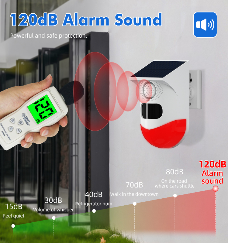 Wireless Outdoor Solar Alarm 120dB Sound Light Infrared Sensor Alarm PIR Motion Detector Remote Controller Home Anti-theft Alarm